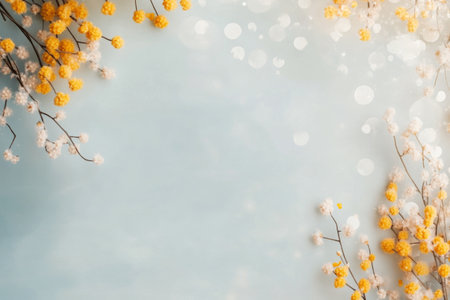 Delicate yellow and white flowers are arranged artistically against a soft blue background, creating a serene and cheerful atmosphere perfect for a spring celebration or decoration.の素材