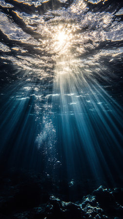 Rays of sunlight penetrate the calm surface of the water, illuminating the depths below. Bubbles rise, casting a tranquil ambiance in this serene underwater setting.の素材