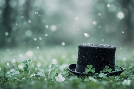 A stylish black hat lies on a lush green lawn, surrounded by delicate clover flowers under soft natural light. The peaceful setting invites a sense of tranquility and charm.の素材