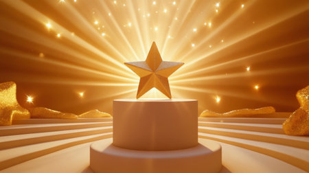 A five point star trophy stands on a pedestal, illuminated by a warm spotlight. Surrounding it is a backdrop of shimmering particles, creating a celebratory atmosphere.の素材