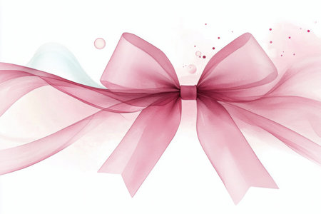 A delicate pink bow is featured prominently, with a flowing ribbon trailing to the right against a soft white background, creating a charming and graceful appearance.の素材