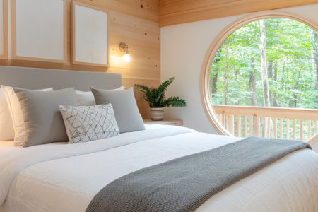 This stylish bedroom features a cozy bed adorned with light gray pillows and a soft blanket. A circular window offers a view of the lush forest outside, creating a serene atmosphere.の素材