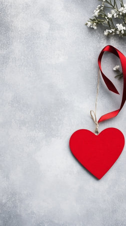 A red heart shaped ornament is placed on a wooden surface, accompanied by delicate white flowers. The soft lighting creates a warm and inviting atmosphere, perfect for celebrations.の素材