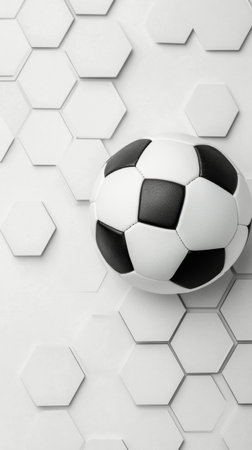 A classic black and white soccer ball sits atop a textured background of hexagonal tiles in gray tones.の素材