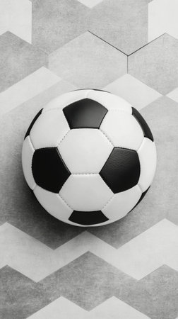 A classic black and white soccer ball sits atop a textured background of hexagonal tiles in gray tones.の素材