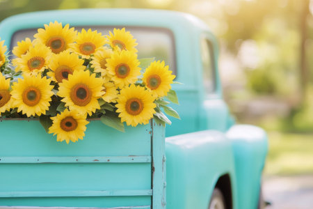 A classic turquoise truck carries a full load of vibrant sunflowers, parked in a sunny area surrounded by greenery, creating a cheerful atmosphere that radiates warmth and joy.の素材