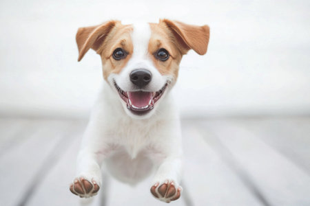 A small brown and white puppy with a happy expression is mid leap, showing playful energy in a bright indoor space. The pup appears excited, ready for fun and interaction.の素材