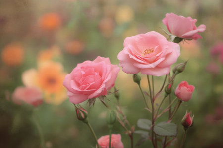 Soft pink roses flourish in a vibrant garden, surrounded by green leaves and budding flowers. This serene setting captures the beauty of nature in full bloom during the spring season.の素材