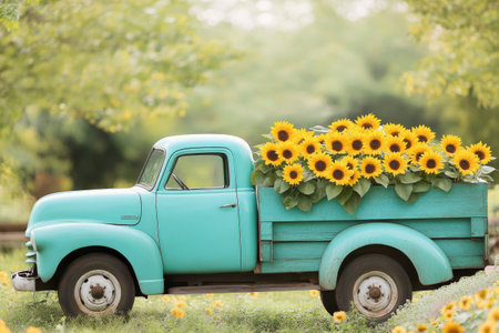 A classic turquoise truck carries a full load of vibrant sunflowers, parked in a sunny area surrounded by greenery, creating a cheerful atmosphere that radiates warmth and joy.の素材