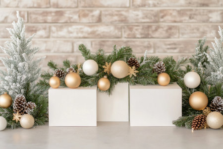 Winter decor showcases a variety of gold ornaments, pinecones, and frosted trees against a neutral backdrop. This arrangement highlights the spirit of the holiday season.の素材