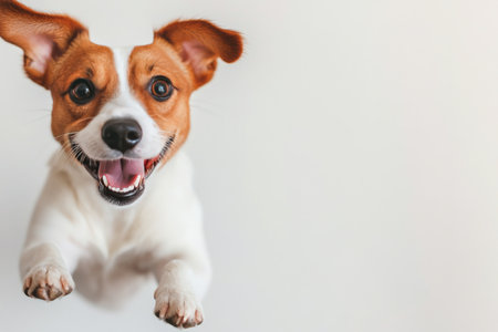A small brown and white puppy with a happy expression is mid leap, showing playful energy in a bright indoor space. The pup appears excited, ready for fun and interaction.の素材