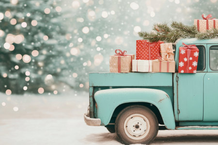 A vintage turquoise truck is parked, filled with colorful Christmas presents and adorned with evergreen branches. Soft snowflakes fall around, creating a festive winter atmosphere.の素材