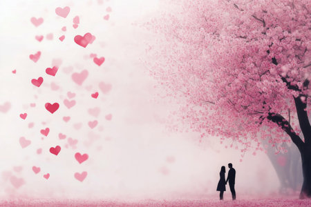 A couple stands closely together beneath blooming cherry blossom trees, surrounded by floating pink hearts, creating a romantic and tranquil atmosphere during springtime.の素材