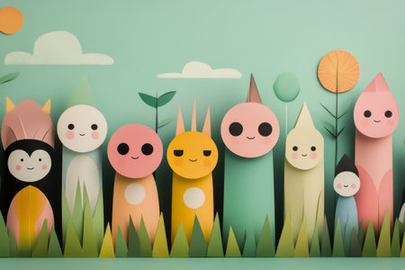 A group of seven vibrant paper figures stands on green grass, surrounded by foliage and flowers. The sun creates a warm atmosphere, highlighting their playful colors.の素材