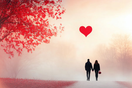 Two individuals hold hands as they stroll along a path surrounded by a soft fog. A vibrant red tree and a heart shape add a romantic touch to the serene atmosphere.の素材