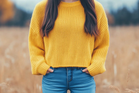 A woman with dark hair enjoys a bright day outdoors, smiling and wearing a cozy yellow knit sweater. Vibrant autumn leaves create a warm backdrop, showing the beauty of the season.の素材