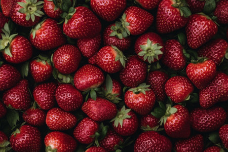 Plump, red strawberries are displayed in neat rows at a local market. Shoppers admire the vibrant color and freshness during a sunny afternoon.の素材