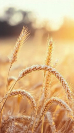 Golden stalks of wheat sway gracefully in the warm sunlight, capturing the essence of a productive harvest season. The soft glow creates a serene and vibrant atmosphere in the field.の素材