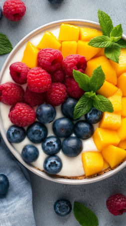 A beautifully decorated cheesecake sits on a silver stand, adorned with vibrant raspberries, blueberries, and mango pieces. The soft green background enhances the desserts appeal.の素材