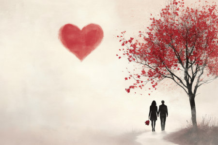 Two individuals hold hands as they stroll along a path surrounded by a soft fog. A vibrant red tree and a heart shape add a romantic touch to the serene atmosphere.の素材