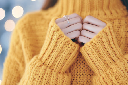 A young woman is smiling warmly while wearing a soft yellow turtleneck sweater and matching beanie, standing in a picturesque autumn landscape filled with vibrant foliage.の素材