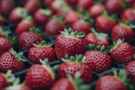 Plump, red strawberries are displayed in neat rows at a local market. Shoppers admire the vibrant color and freshness during a sunny afternoon.の素材