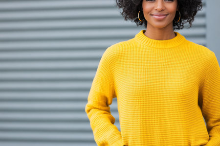 A woman with curly hair smiles while wearing a cozy yellow sweater in a lively street setting. The warm sunlight enhances the cheerful atmosphere of the scene.の素材
