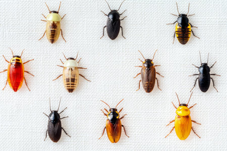 Numerous cockroach species are arranged in a grid pattern on a textured surface. The colors range from black to brown and yellow, highlighting the distinct characteristics of each species.の素材