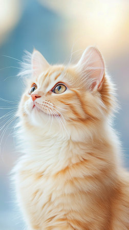 A fluffy orange cat sits gracefully, its fur illuminated by warm golden sunlight. The cat gazes thoughtfully, surrounded by a blurred natural background, showing its striking features.の素材