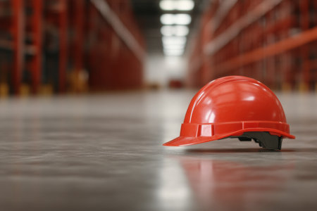A red hard hat is placed on a smooth floor in a large warehouse. The setting features tall shelves filled with storage materials and bright overhead lights providing ample visibility.の素材