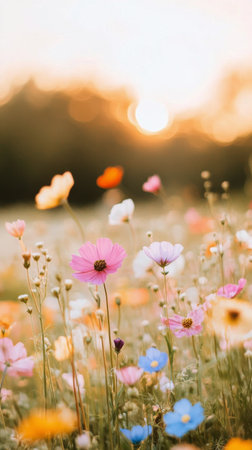 A vibrant field filled with various wildflowers sways gently in the summer breeze as the sun sets, casting a warm golden light over the landscape. The flowers create a picturesque view.の素材