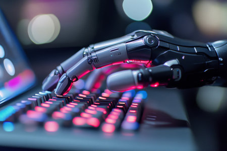 A metallic robotic hand is reaching out, engaging with a vibrant keyboard covered in glowing keys. The setting hints at advanced technology and innovation, highlighting a unique interaction.の素材