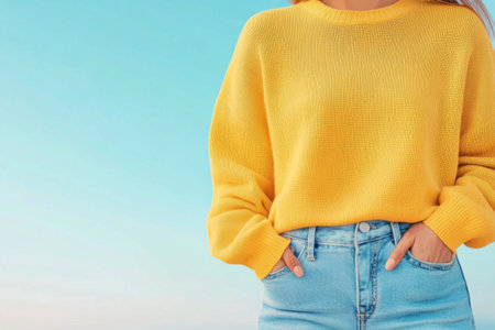A woman with dark hair enjoys a bright day outdoors, smiling and wearing a cozy yellow knit sweater. Vibrant autumn leaves create a warm backdrop, showing the beauty of the season.の素材
