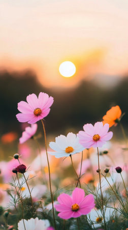 A vibrant field filled with various wildflowers sways gently in the summer breeze as the sun sets, casting a warm golden light over the landscape. The flowers create a picturesque view.の素材