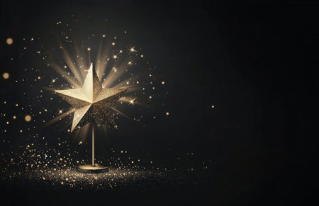 A golden star trophy stands prominently on a base, surrounded by a backdrop of soft, glowing lights and sparkles creating a celebratory ambiance.の素材