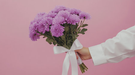 A hand presents a vibrant bouquet of purple chrysanthemums against a soft pink background. The bouquet is tied with a delicate white ribbon, enhancing its beauty.の素材