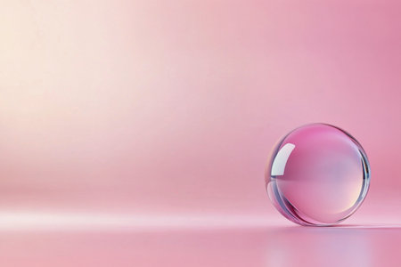 A clear glass sphere rests on a soft pink surface, reflecting light and creating subtle shadows. The gentle curves and colors evoke a calm and serene atmosphere, enhancing the aesthetic appeal.の素材
