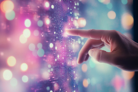 A hand reaches out to a wall of colorful lights, sparkling with various hues in an urban setting. The atmosphere is lively and filled with glowing reflections from nearby surroundings.の素材