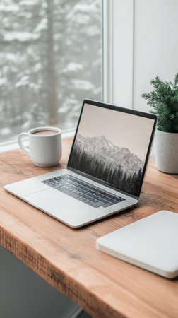 A modern laptop sits open on a wooden table, showcasing a dark screen. A small green potted plant adds a touch of nature to the minimalist workspace during daylight hours.の素材