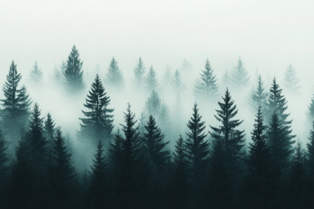 Tall evergreen trees rise majestically through a thick layer of fog in a tranquil forest. The atmosphere is peaceful, with muted colors creating a sense of calm in the early morning light.の素材