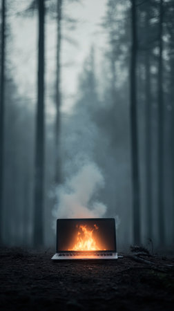 An abandoned laptop burns in a quiet forest with mist shrouded trees. Smoke rises into the cool air, creating a striking contrast against the darkened woods during dusk.の素材