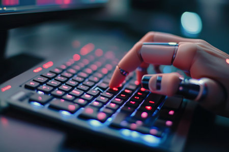 A metallic robotic hand is reaching out, engaging with a vibrant keyboard covered in glowing keys. The setting hints at advanced technology and innovation, highlighting a unique interaction.の素材