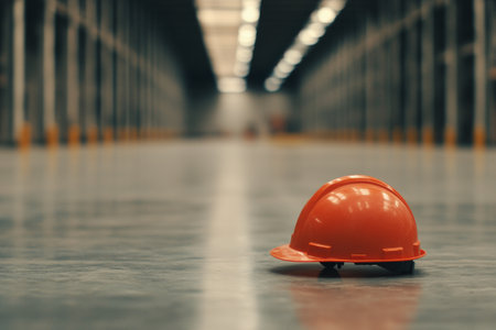 A red hard hat is placed on a smooth floor in a large warehouse. The setting features tall shelves filled with storage materials and bright overhead lights providing ample visibility.の素材