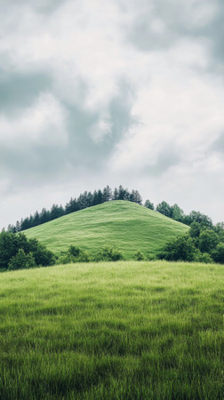 Rolling green hills stretch across a peaceful landscape, with a dense tree line at the top of the hill under a moody sky filled with clouds. Nature showcases its beauty and serenity.の素材