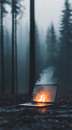 An abandoned laptop burns in a quiet forest with mist shrouded trees. Smoke rises into the cool air, creating a striking contrast against the darkened woods during dusk.の素材