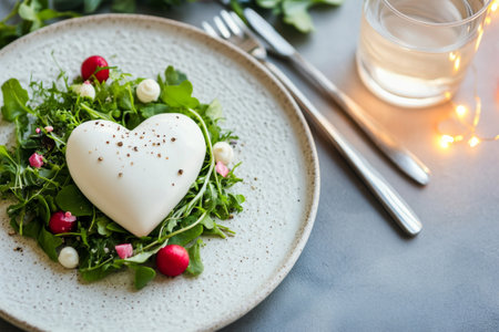 A heart shaped dessert made of pink fondant rests on a bed of fresh greens and colorful berries, set against a blurred background of soft lights and festive decor.の素材