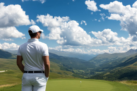 A man dressed in white stands on a lush green golf course, contemplating his next swing. Rolling hills and mountains are visible under a clear blue sky, creating a serene atmosphere.の素材