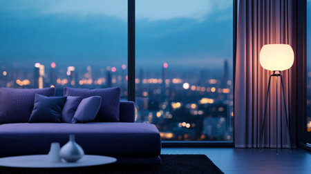 A stylish living room features a purple sofa and a glowing lamp, providing a cozy atmosphere. The large window reveals a breathtaking city skyline illuminated at dusk, showcasing twinkling lights.の素材