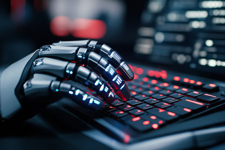A metallic robotic hand is reaching out, engaging with a vibrant keyboard covered in glowing keys. The setting hints at advanced technology and innovation, highlighting a unique interaction.の素材