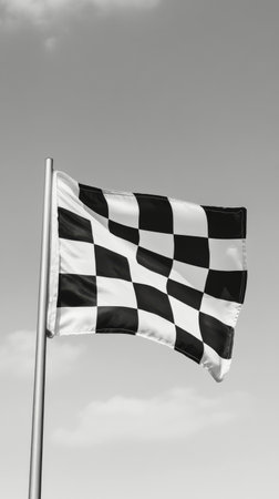 A checkered flag flutters in the wind, symbolizing the finish line in racing. It is set against a light gray sky, representing a vibrant motorsport atmosphere.の素材